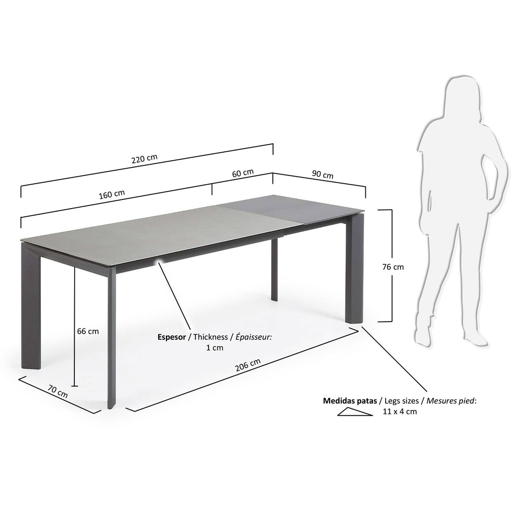 Taula extensible Axis porcellànic acabat Hydra Plom potes antracita 160 (220) cm