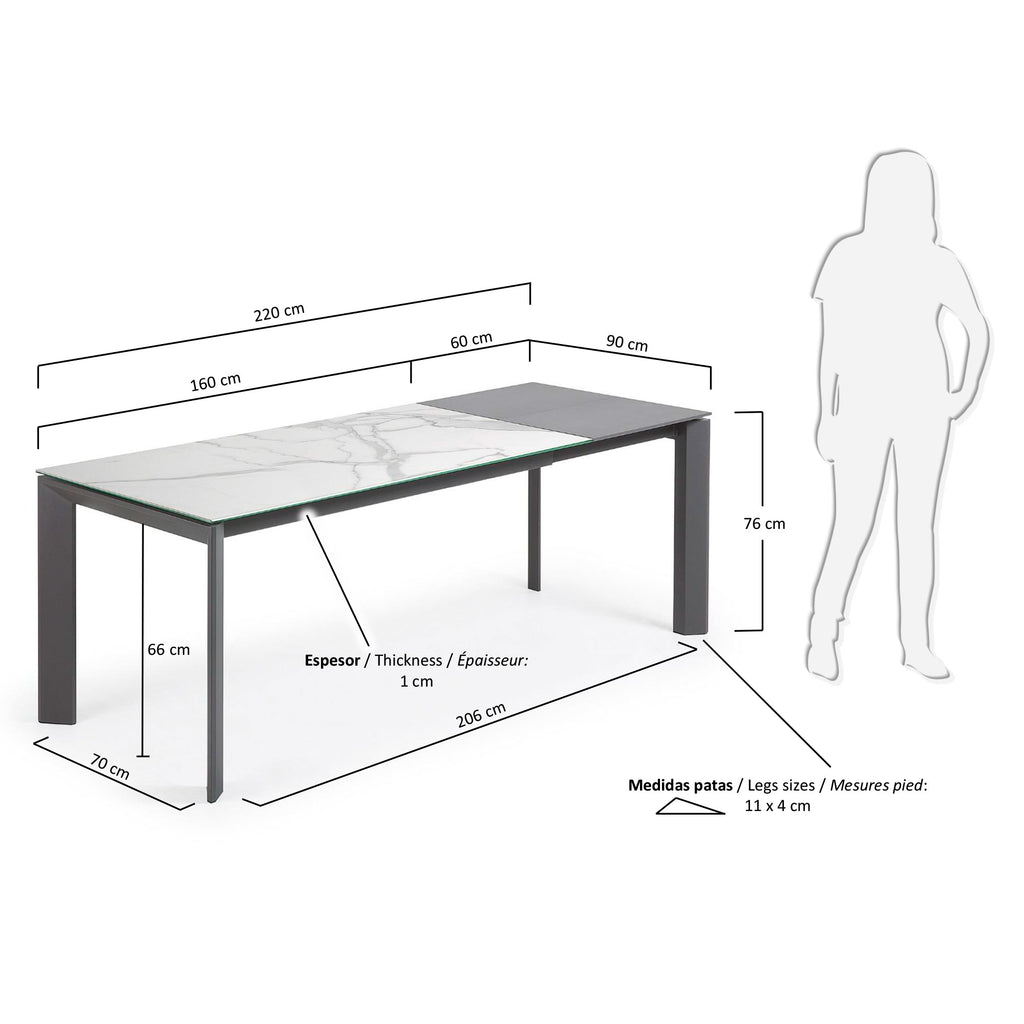 Taula extensible Axis porcellànic acabat Kalos Blanco potes antracita 160 (220) cm