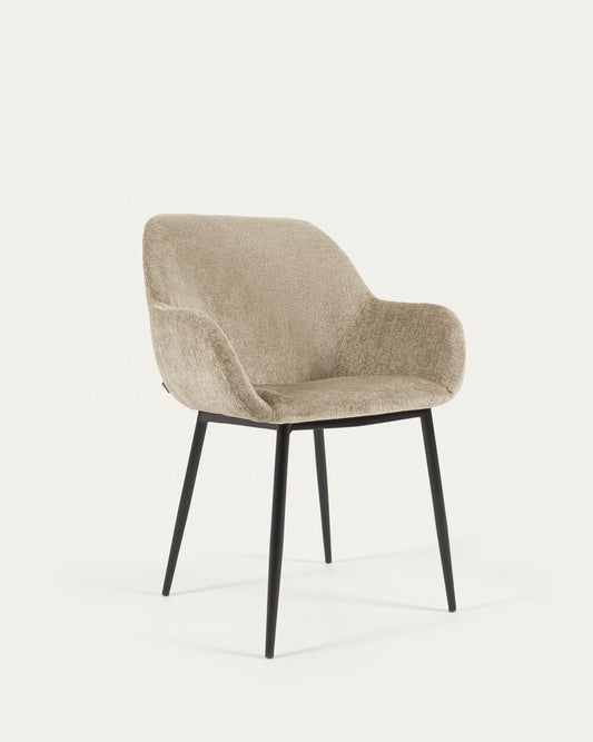 Chaise Konna en chenille beige avec pieds en acier peint noir FR