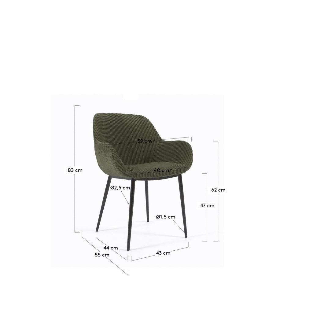 Silla Konna de pana gruesa verde oscuro y patas de acero acabado pintado negro