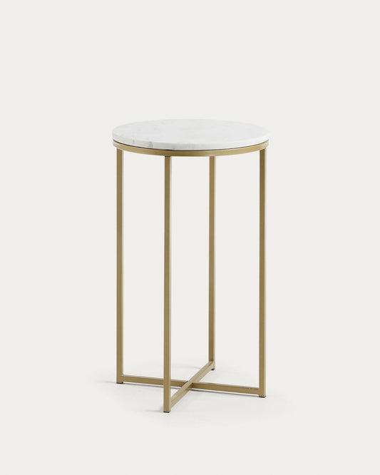Mesa auxiliar Sheffield de mármol blanco y patas de acero acabado dorado Ø 43 cm