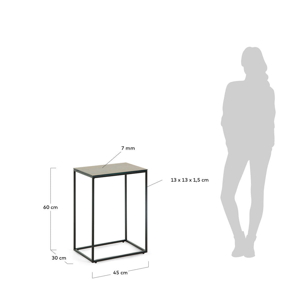 Mesa auxiliar Rewena sobre porcelánico marrón y patas de acero acabado negro 45 x 30 cm