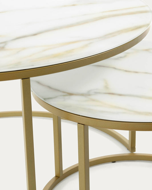 Ensemble de 2 tables d'appoint Leonor en verre, structure en acier blanc et doré Ø 80 cm / Ø 50 cm
