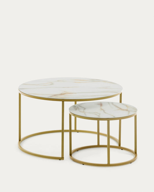 Ensemble de 2 tables d'appoint Leonor en verre, structure en acier blanc et doré Ø 80 cm / Ø 50 cm