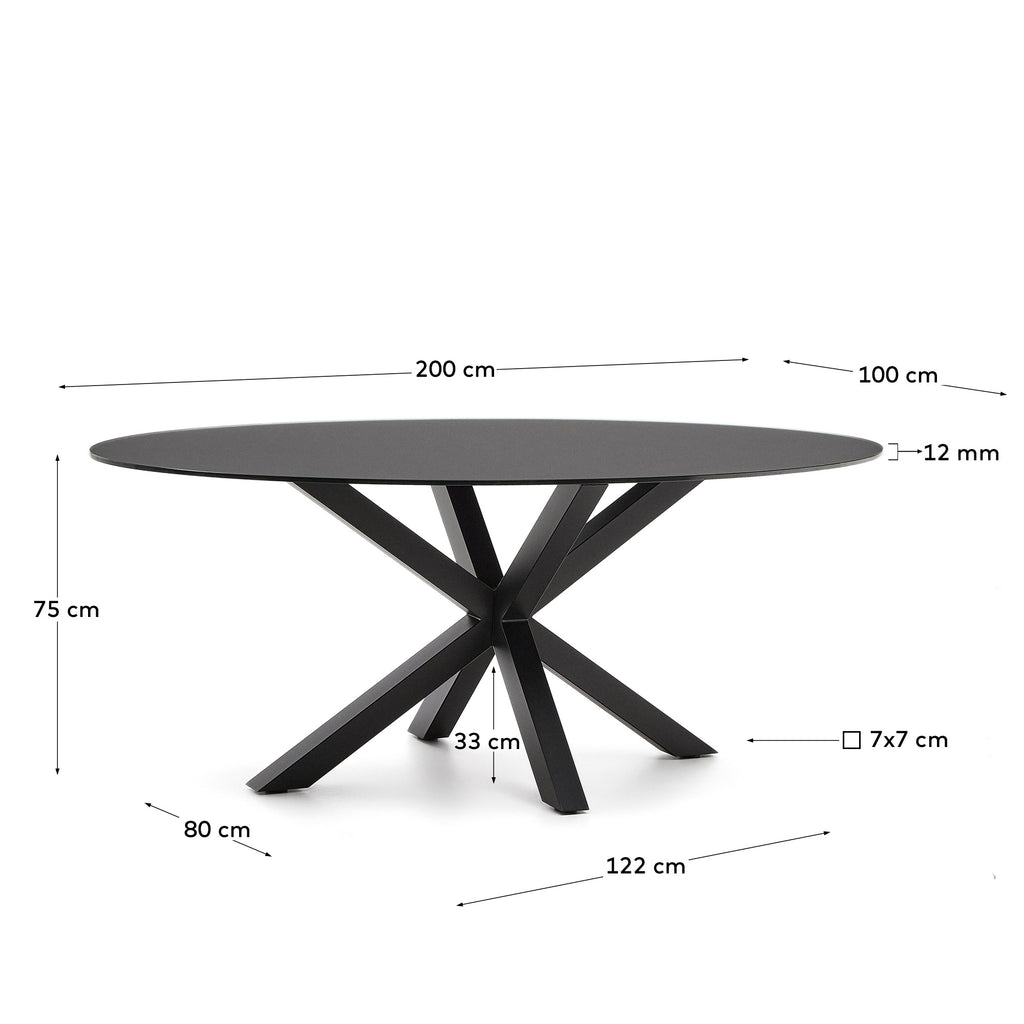 Table Argo en verre noir avec pieds en acier finition noire Ø 200 x 100 cm