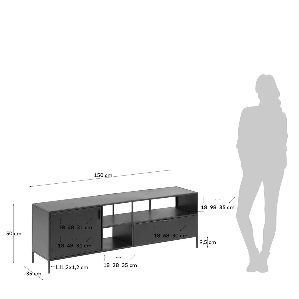 Moble TV Shantay 1 porta i 1 calaix de metall amb acabat pintat negre 150 x 50 cm