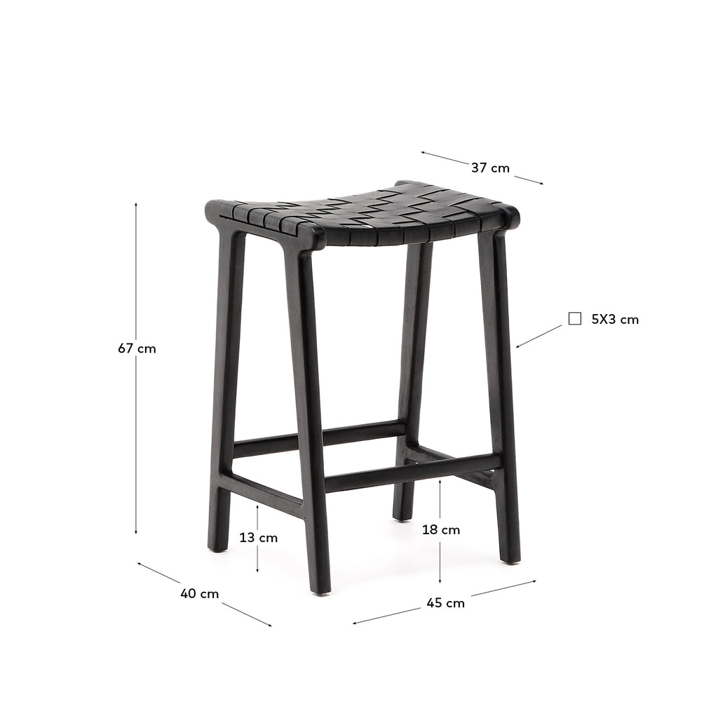 Taburet Calixta de pell i fusta massissa de caoba amb acabat negre, alçada 67 cm