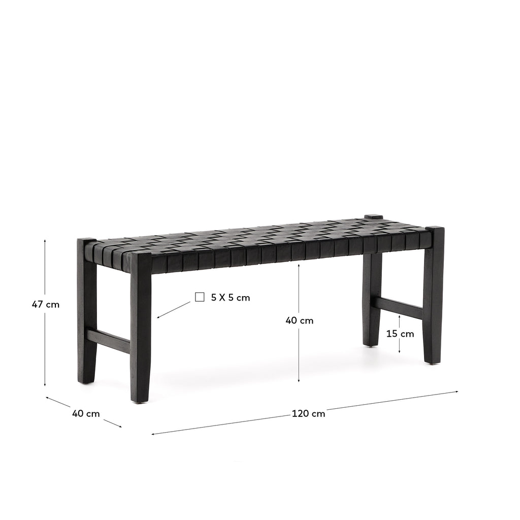 Banc Calixta de pell i fusta massissa de caoba amb acabat negre 120 cm