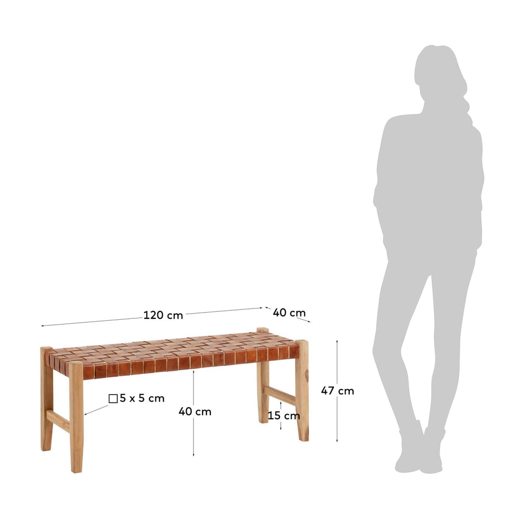 Banc Calixta de pell i fusta massissa de teca amb acabat natural 120 cm