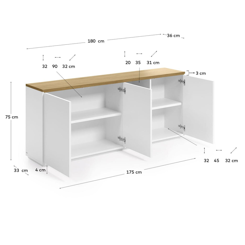 Aparador Abilen 3 portes de xapa de roure i lacat blanc 180 x 75 cm FSC 100%