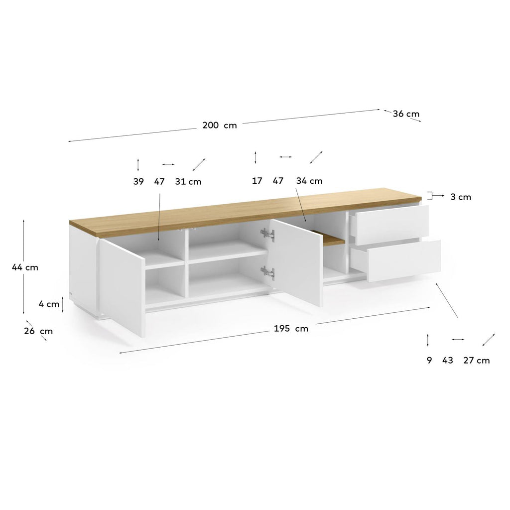 Moble TV Abilen 2 portes i 2 calaixos xapa de roure i lacat blanc 200 x 44 cm FSC 100%