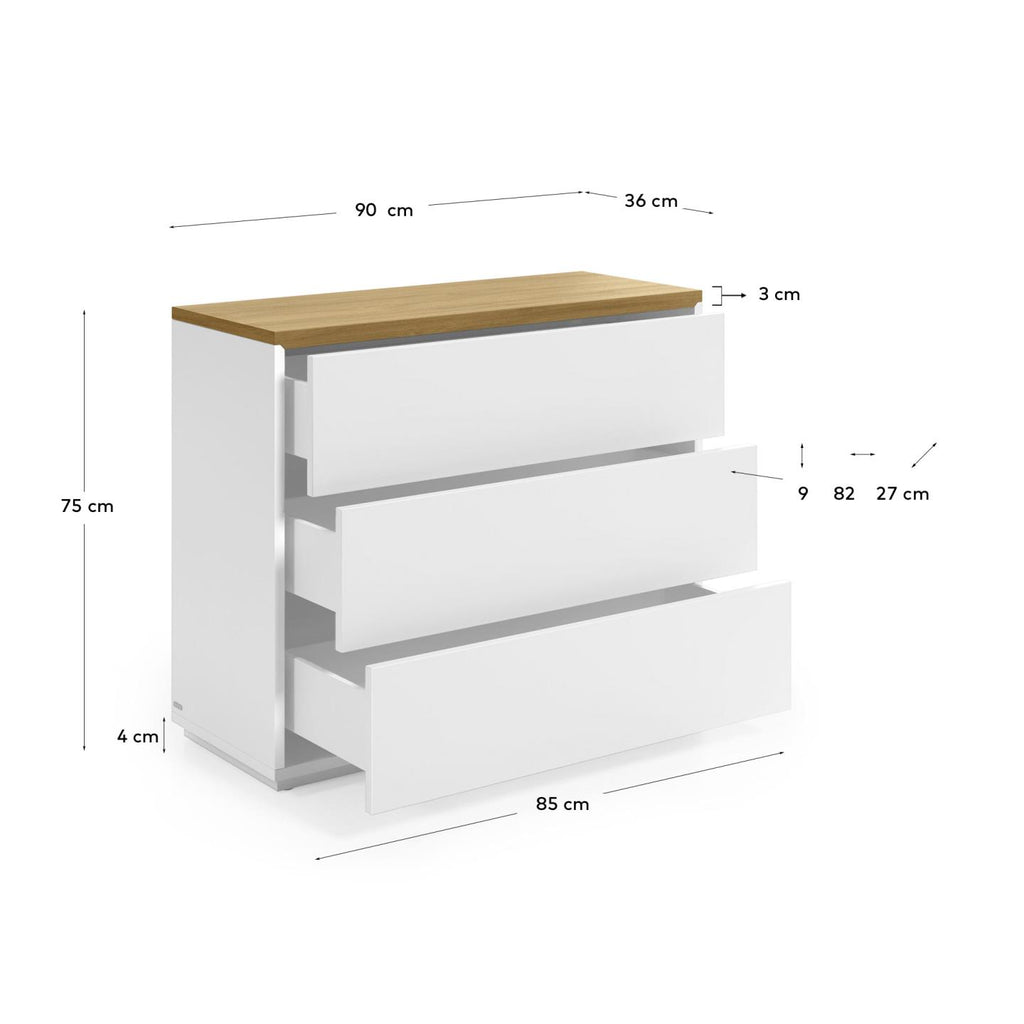 Còmoda Abilen 3 calaixos xapa roure i lacat blanc 90 x 75 cm FSC 100%