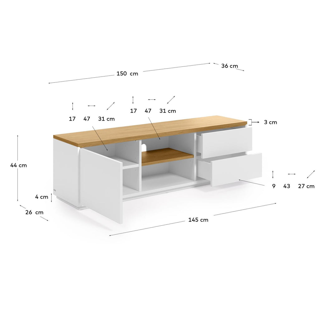 Moble TV Abilen 1 porta i 2 calaixos de xapa roure i lacat blanc 150 x 44 cm FSC 100%
