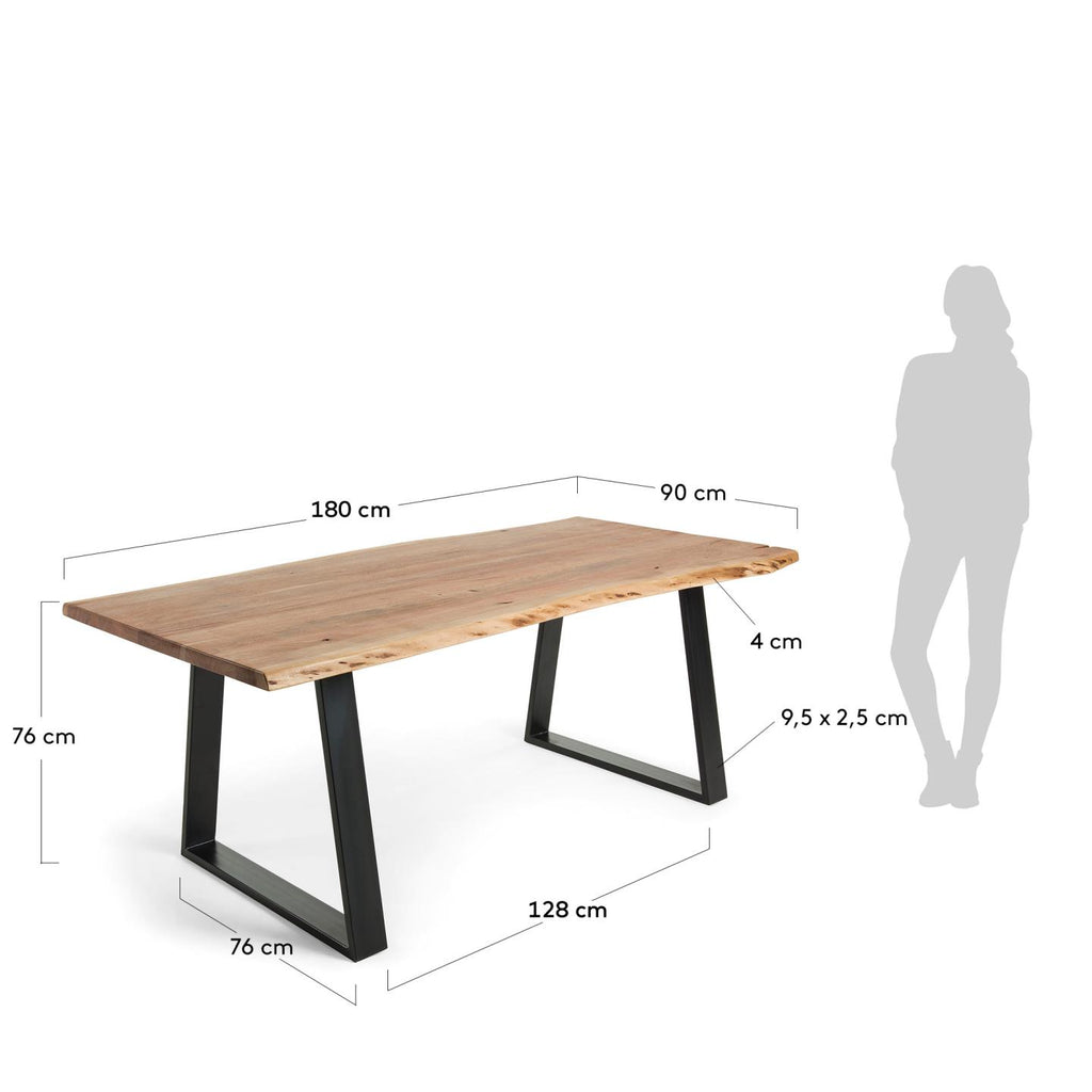 Taula Alaia de fusta massissa d'acàcia i potes d'acer negre 180 x 90 cm