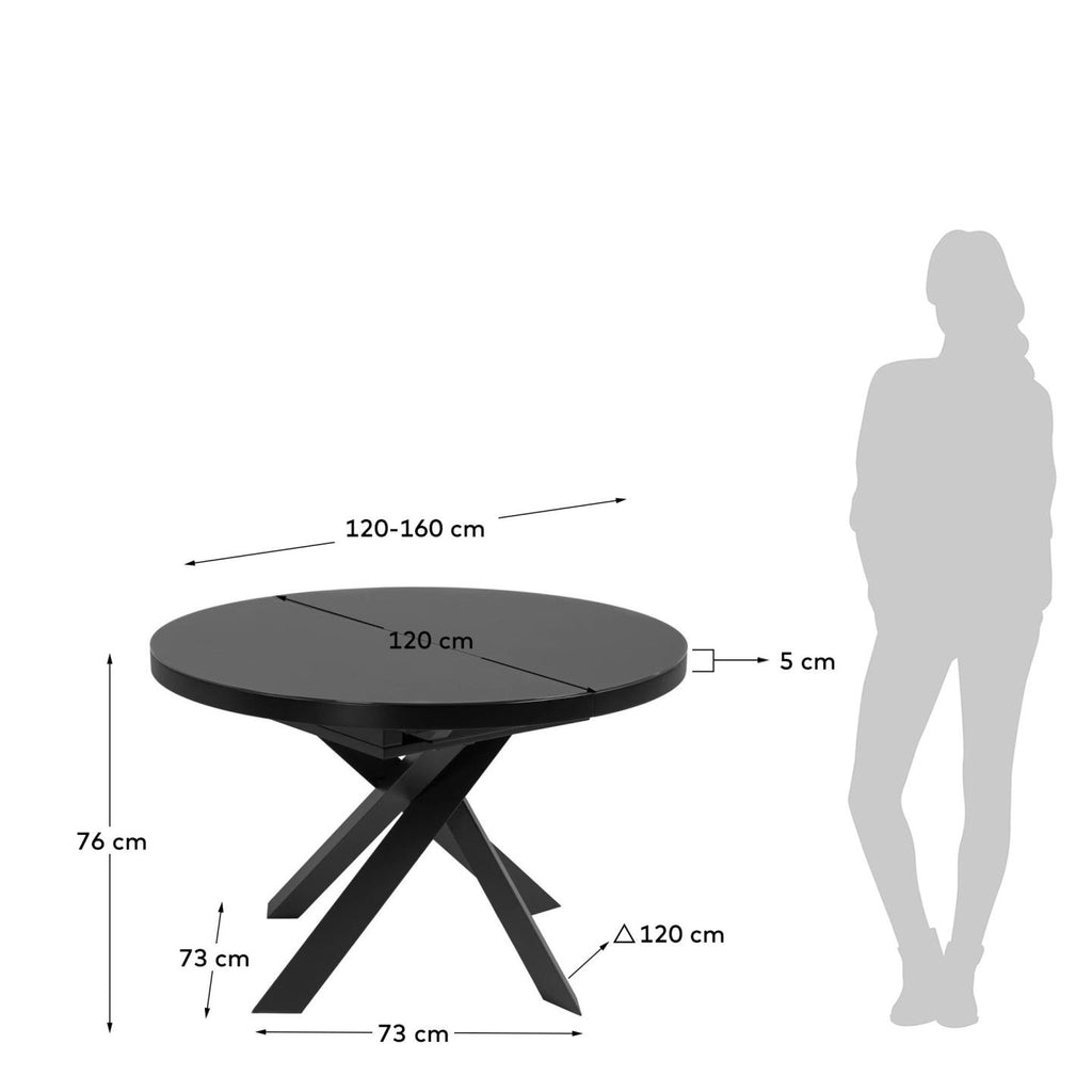 Taula extensible rodona Vashti de cristall i potes d'acer acabat negre Ø 120 (160) cm