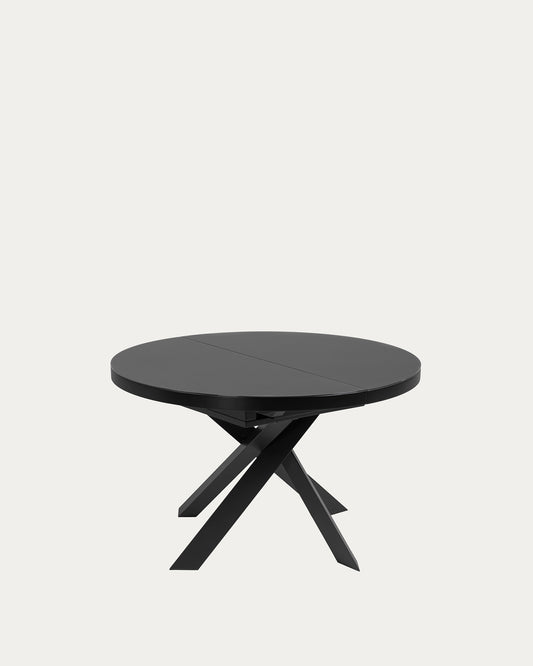 Taula extensible rodona Vashti de cristall i potes d'acer acabat negre Ø 120 (160) cm