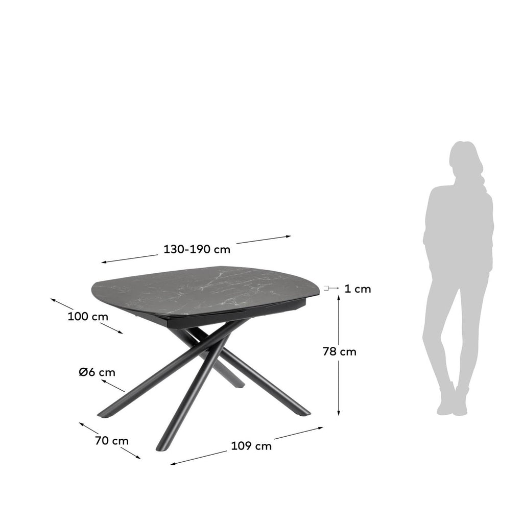Table extensible Yodalia 130 (190) x 100 cm plateau en grès cérame et pieds en acier noir