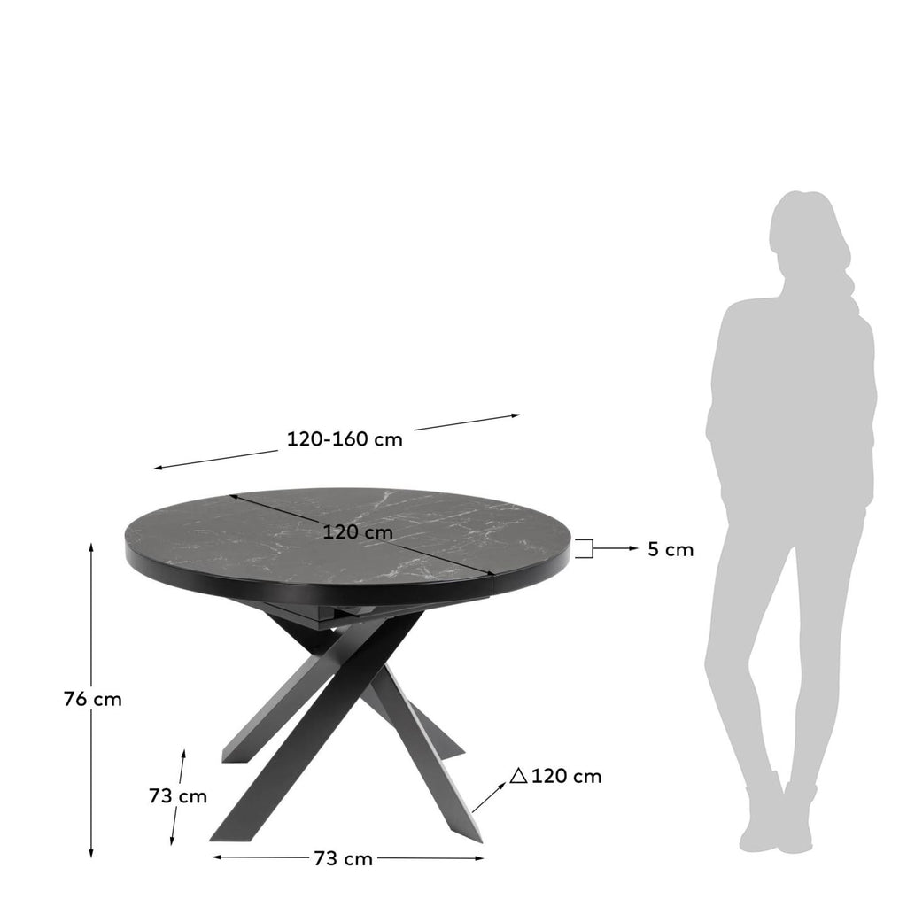 Taula extensible rodona Vashti Ø 120 (160) cm porcelànic d'acer acabat negre