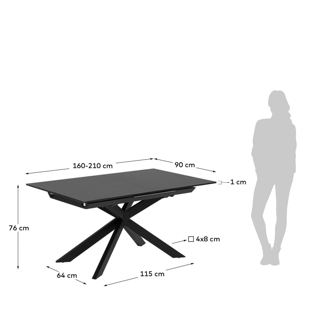 Taula extensible Atminda de cristall i potes d'acer acabat negre 160 (210) x 90 cm