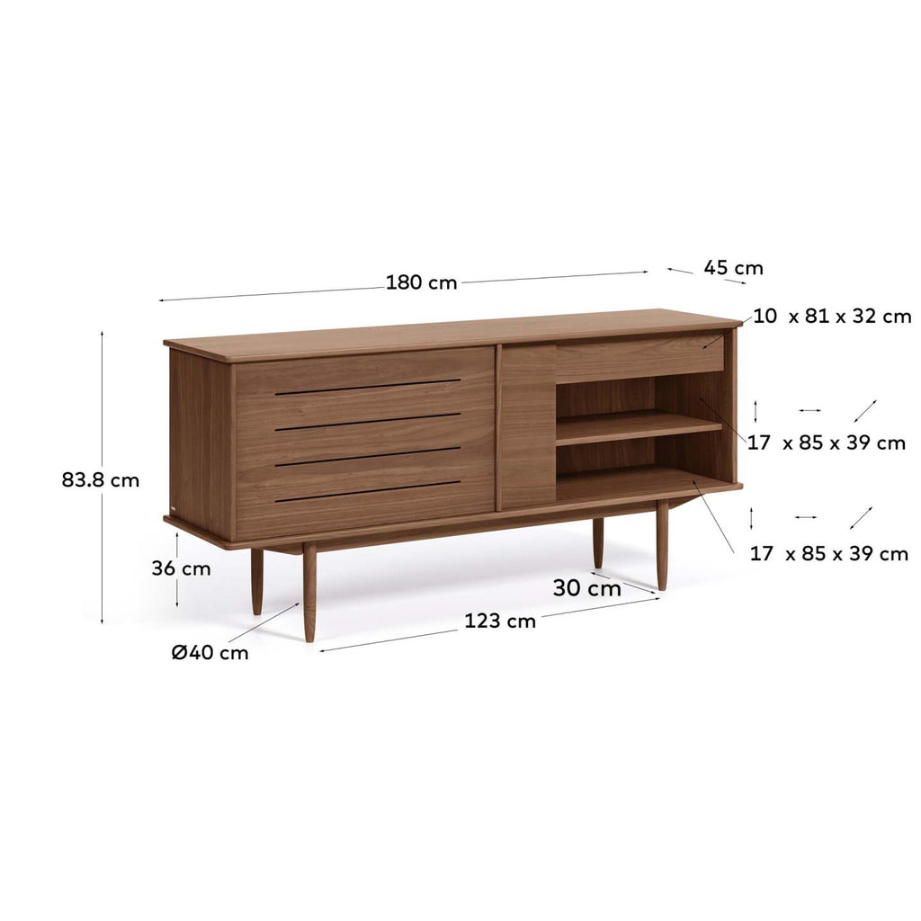 Aparador Carolin 2 puertas y 1 cajón de chapa de nogal 180 x 83,8 cm