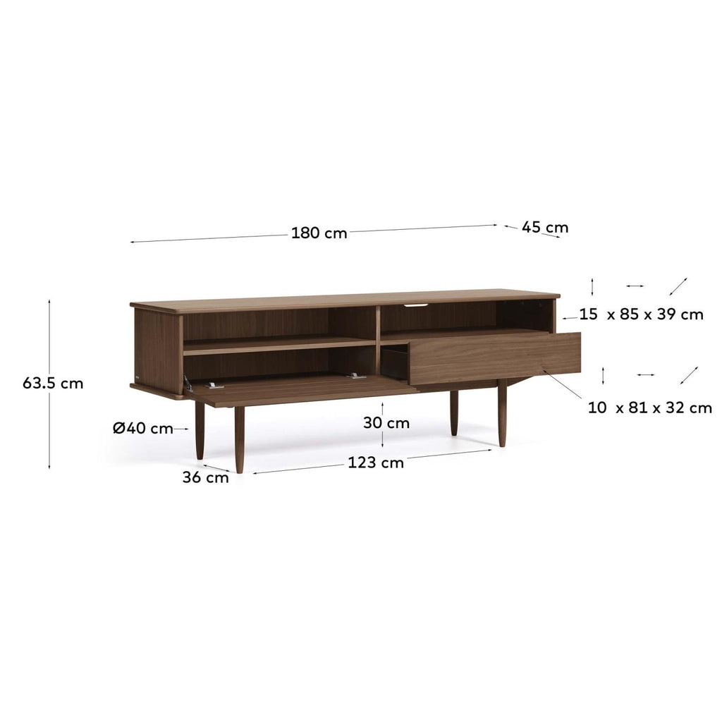 Mueble TV Carolin 1 puerta y 1 cajón de chapa de nogal 180 x 63,5 cm