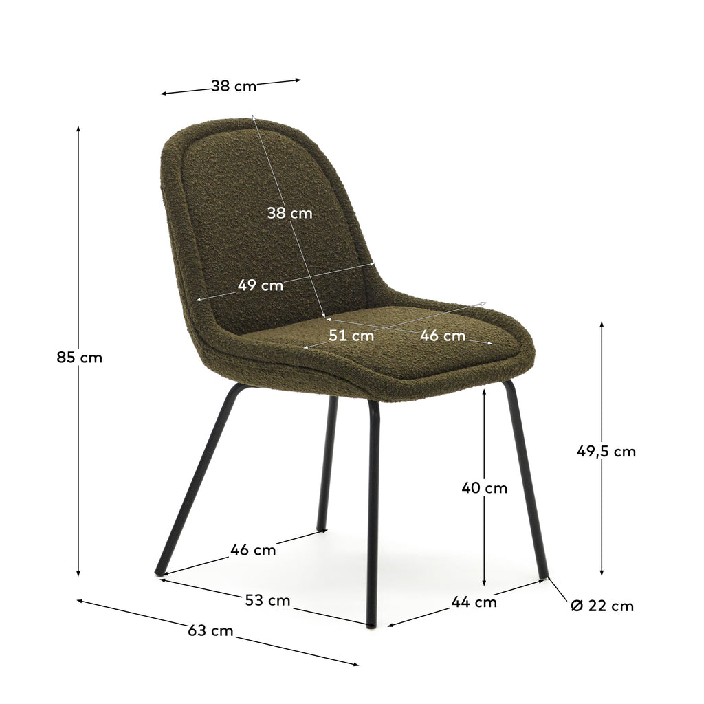 Silla Aimin de borreguito verde y patas de acero con acabado pintado negro mate FSC Mix Credit