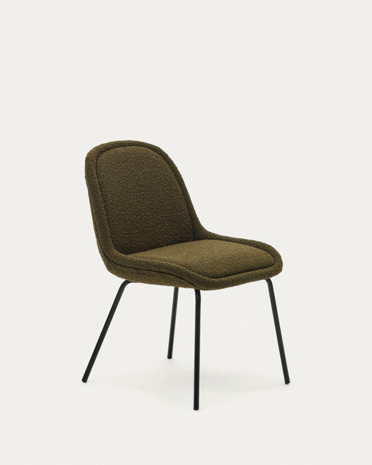 Silla Aimin de borreguito verde y patas de acero con acabado pintado negro mate FSC Mix Credit