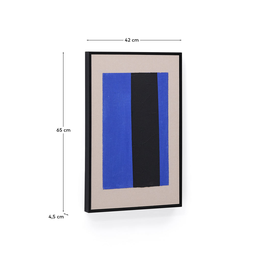 Cuadro abstracto Zernu de lino azul y negro línea vertical pintado a mando 42 x 65 cm