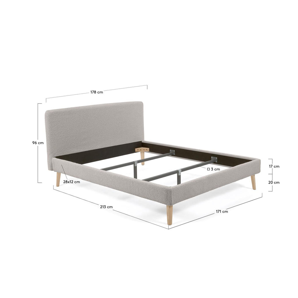 Cama Dyla de borreguito gris claro patas madera maciza de haya para colchón de 160 x 200 cm