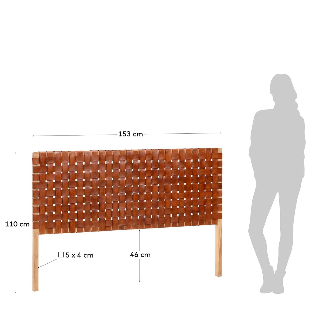 Capçal Calixta de pell i fusta massissa de teca amb acabat natural per a llit de fins a 150 cm