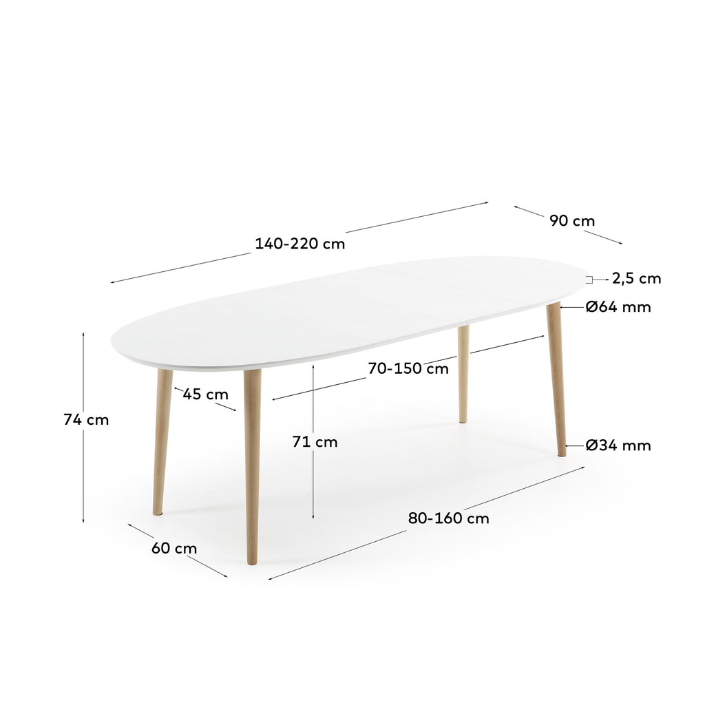 Table extensible ovale Oqui MDF laqué blanc et pieds bois hêtre 140 (220) x 90 cm