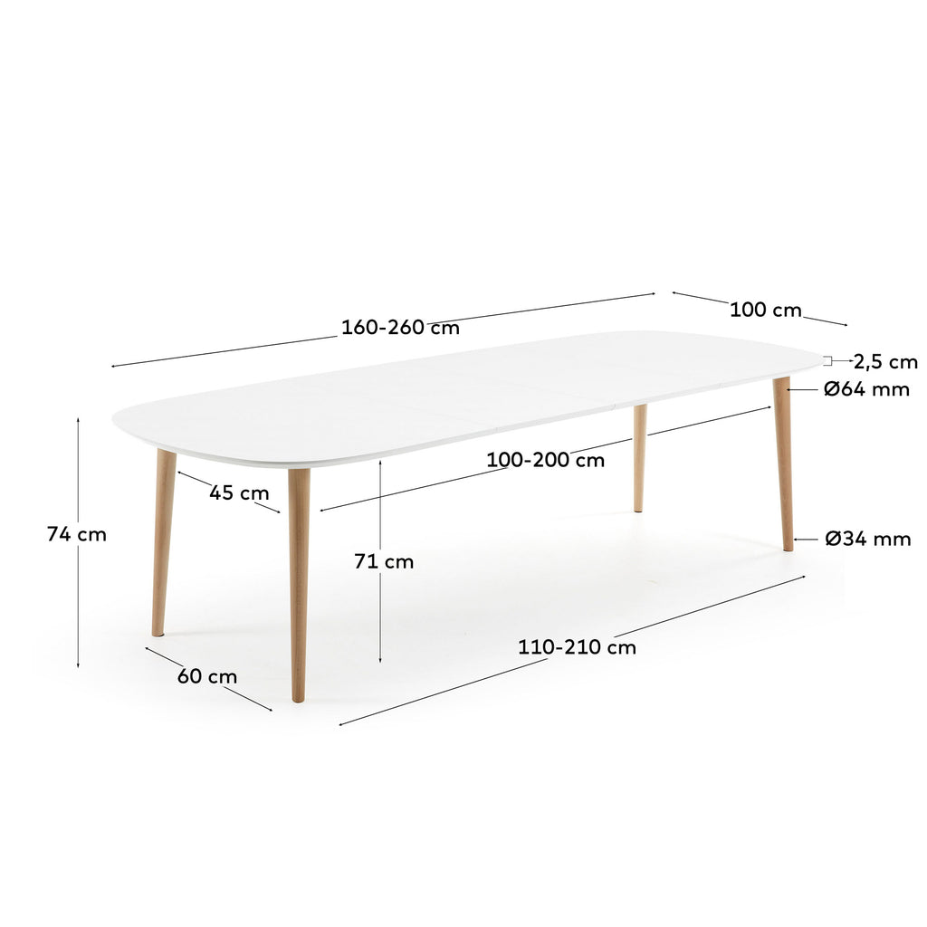 Taula extensible Oqui MDF lacat blanc i potes fusta massissa de faig 160 (260) x 100 cm