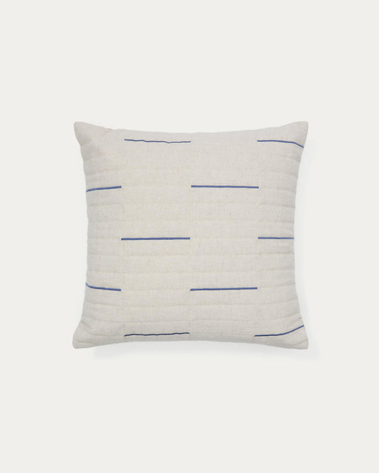 Funda de coixí Blaina de cotó i lli blanc amb detall brodat blau 45 x 45 cm