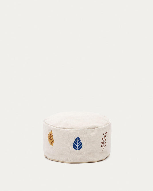 Puf Yanil 100% cotó blanc amb brodat de fulles multicolor Ø 40 cm