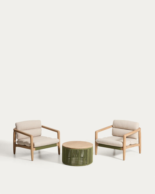 Set de 2 butaques Menfi de fusta massissa d’acàcia i corda verda i taula de centre Dandara d’acer, corda i fusta massissa d’acàcia FSC 100% Ø 60 cm