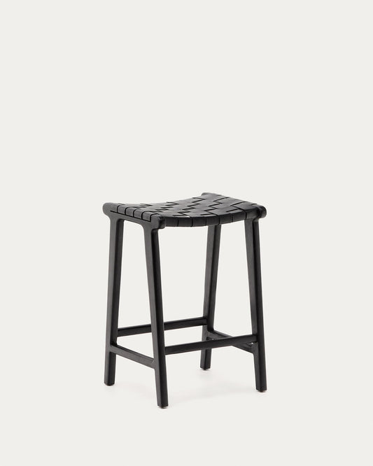 Taburet Calixta de pell i fusta massissa de caoba amb acabat negre, alçada 67 cm