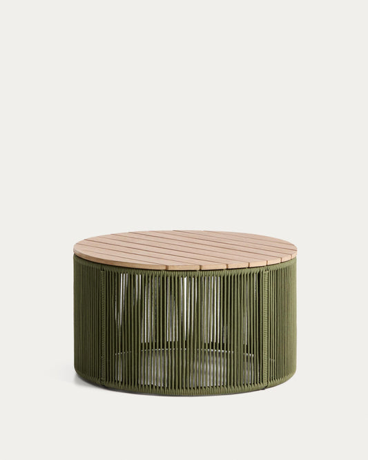 Taula de centre Dandara d’acer, corda verda i fusta massissa d’acàcia Ø70 cm FSC 100%