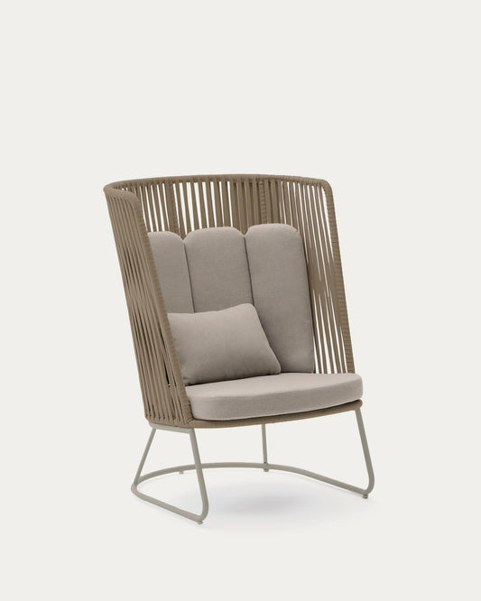 Butaca de exterior con respaldo alto Saconca de cuerda y acero galvanizado beige