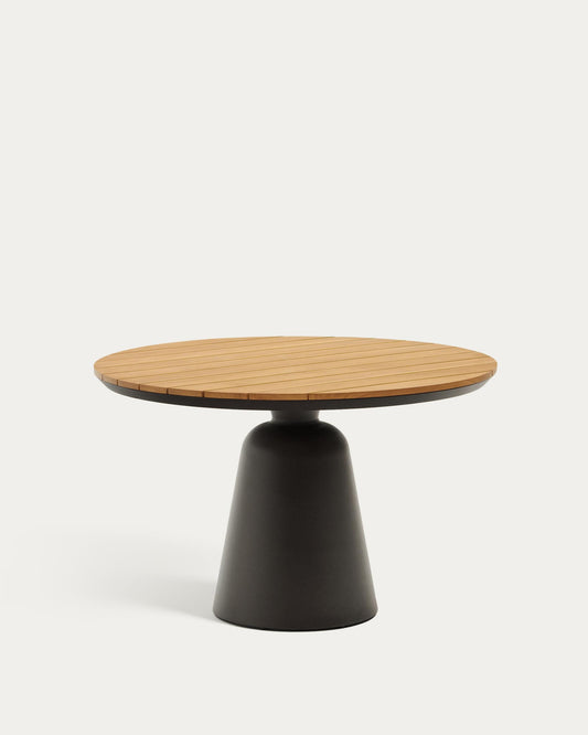 Taula rodona exterior Tudons d’alumini amb acabat gris i teca FSC 100%, Ø120 cm