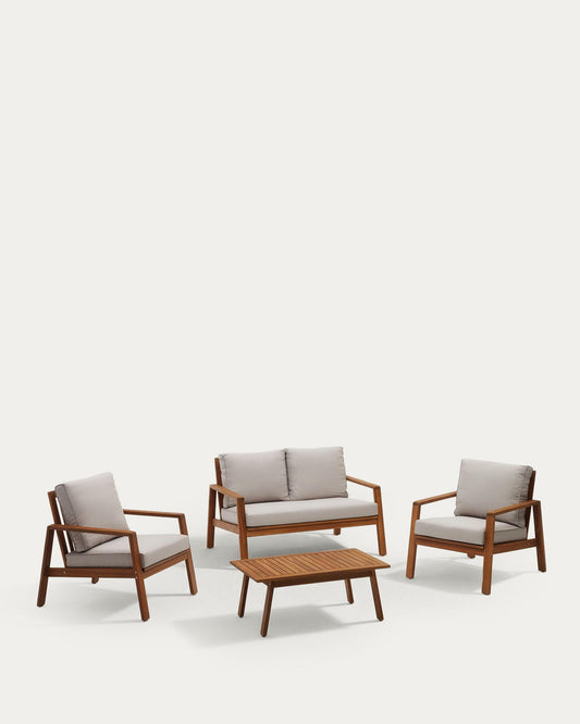 Conjunt Frares de sofà 2 places, 2 butaques i taula de centre de fusta massissa d'acàcia