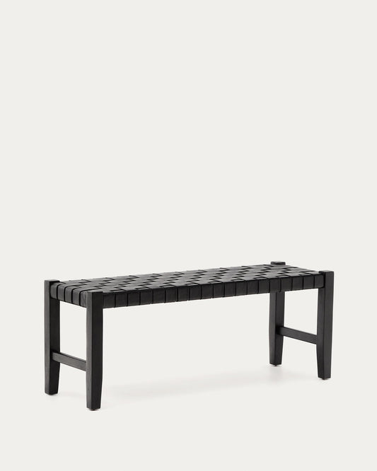 Banc Calixta de pell i fusta massissa de caoba amb acabat negre 120 cm