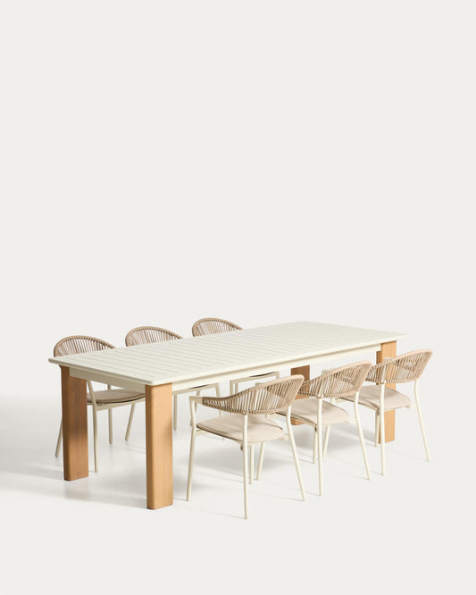 Set de taula extensible Livorno d’alumini cru amb potes efecte fusta i 6 cadires Alimia d’alumini cru i corda sintètica beix 233 (350) x 100 cm