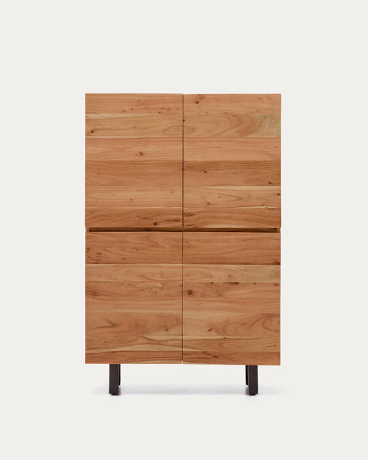 Buffet haut Uxue 4 portes en bois d’acacia avec finition blanchie et acier noir 100 x 155 cm