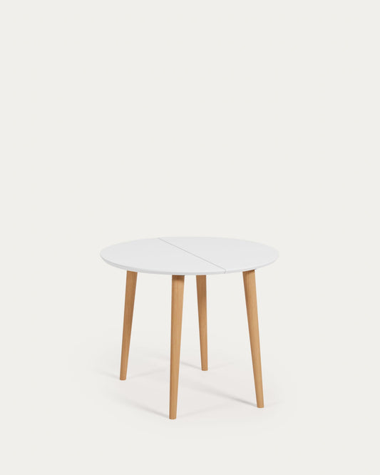 Table extensible ronde Oqui MDF laqué blanc et pieds bois de hêtre 90 (170) x 90 cm