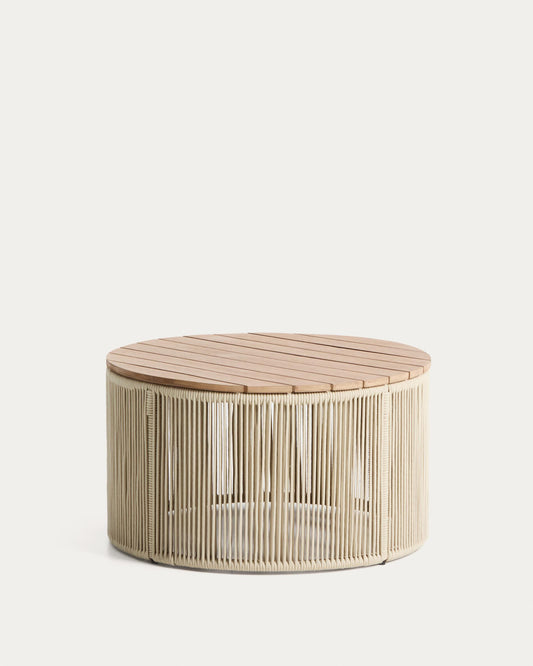 Taula de centre Dandara d’acer, corda cru i fusta massissa d’acàcia Ø70 cm FSC 100%