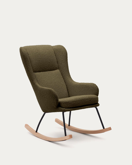 Fauteuil à bascule Maustin bouclette vert foncé et structure en acier noir et bois de hêtre 