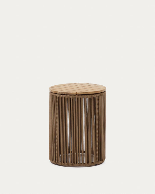 Taula auxiliar Dandara d'acer, corda beix i fusta massissa d'acàcia Ø40 cm FSC 100%
