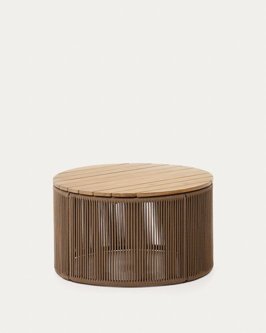 Taula de centre Dandara d'acer, corda beix i fusta massissa d'acàcia Ø70 cm FSC 100%