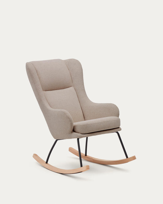 Fauteuil à bascule Maustin chenille beige et structure en acier noir et bois de hêtre 