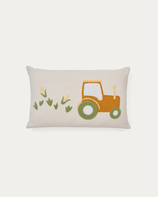 Funda de coixí Pecky de cotó beix brodat de tractor 30 x 50 cm